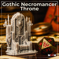 Photograph of the Gothic Necromancer Throne printed in unpainted grey resin, shown on a tabletop alongside a standard D20 die for scale — detail visible includes candles, bone arch, skull motifs, and knotwork panels