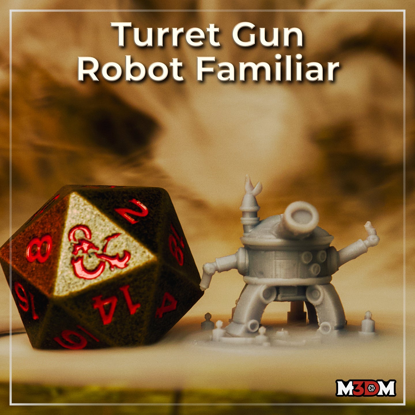Photograph of the printed Turret Gun Robot Familiar miniature in unpainted grey resin, shown beside a large D20 die for scale — the construct stands approximately one-third the height of the die, highlighting its compact Tiny-creature footprint. Sculpted by M3DM.