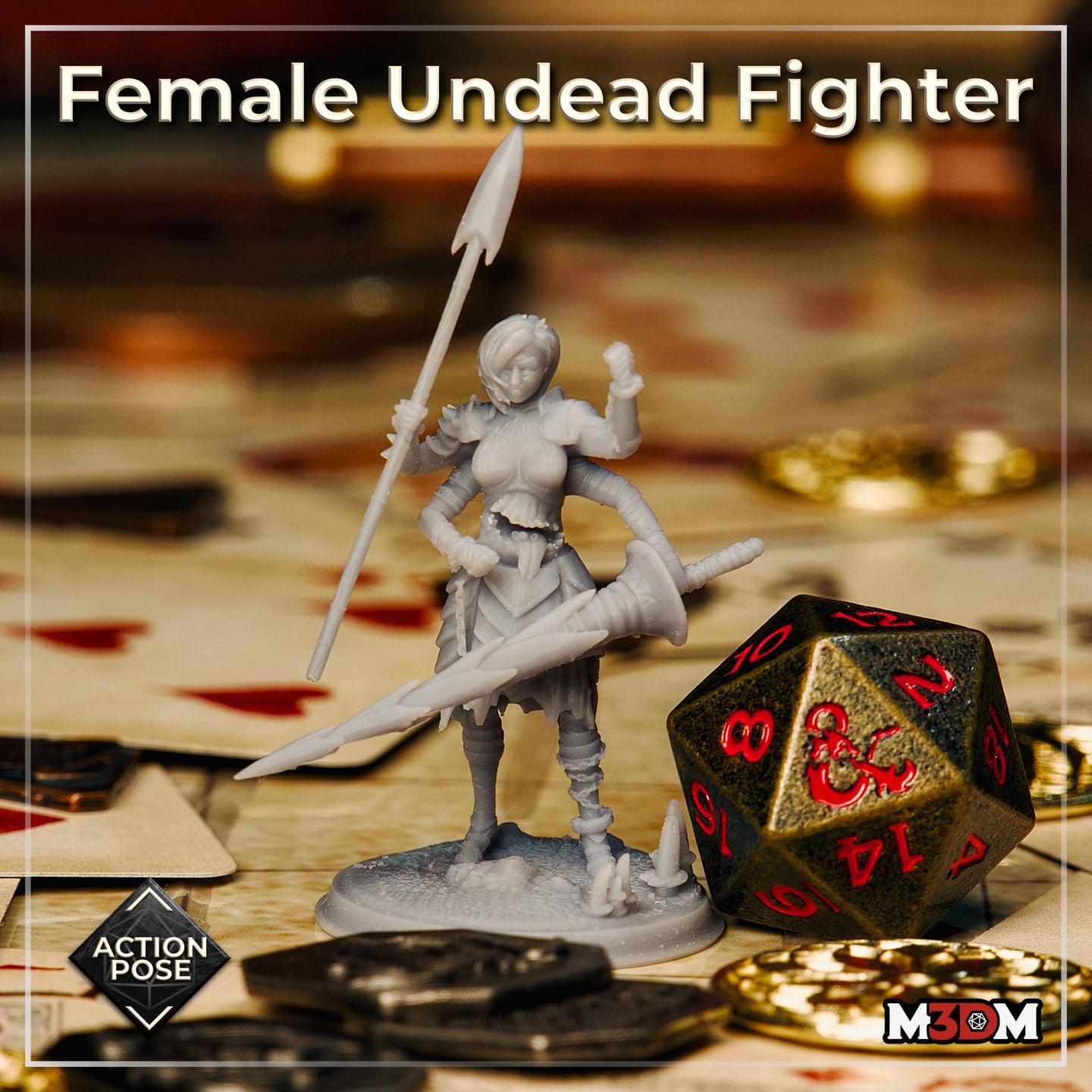 Unpainted grey resin undead female fighter miniature photographed on a tabletop gaming surface surrounded by gold coins, playing cards, and a large D20 dice, shown in dynamic action pose with spear raised and broad blade braced low, 32mm scale — Action Pose sculpt by Mia Kay M3DM