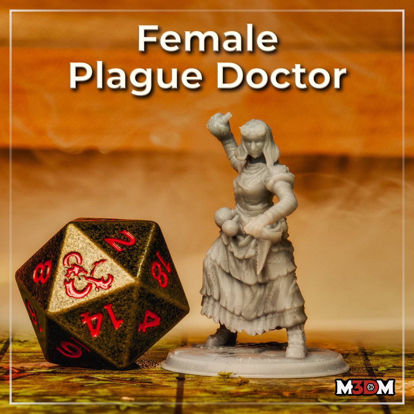 Photograph of the printed Female Plague Doctor miniature in grey unpainted resin, shown at 32mm scale beside a large D20 dice — the sculpt shows fine detail in the layered skirts, raised vial hand, and goggles, mounted on a round base