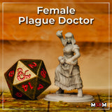 Photograph of the printed Female Plague Doctor miniature in grey unpainted resin, shown at 32mm scale beside a large D20 dice — the sculpt shows fine detail in the layered skirts, raised vial hand, and goggles, mounted on a round base