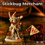 Unpainted grey resin Stickbug Merchant miniature photographed on a D&D battle map tile next to a large red and gold d20, showing the full front view of the insectoid merchant with its overstuffed travel pack, scroll tubes, and twig-like limbs