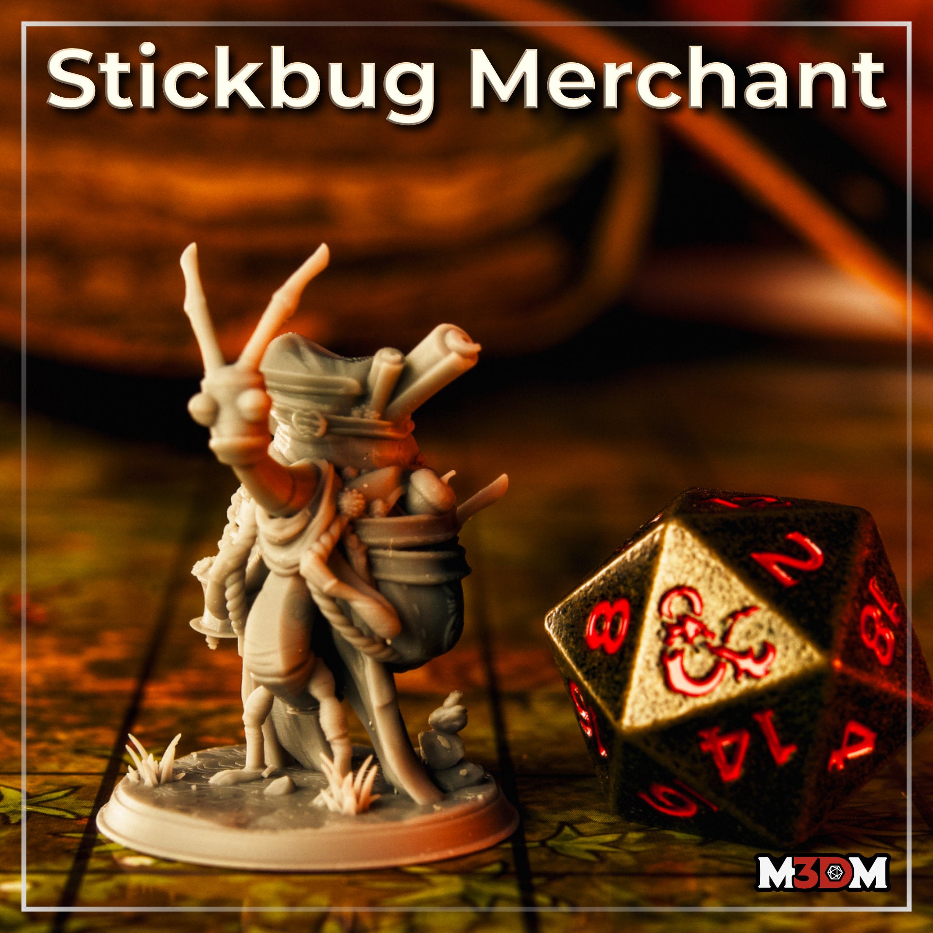 Unpainted grey resin Stickbug Merchant miniature photographed on a D&D battle map tile next to a large red and gold d20, showing the full front view of the insectoid merchant with its overstuffed travel pack, scroll tubes, and twig-like limbs