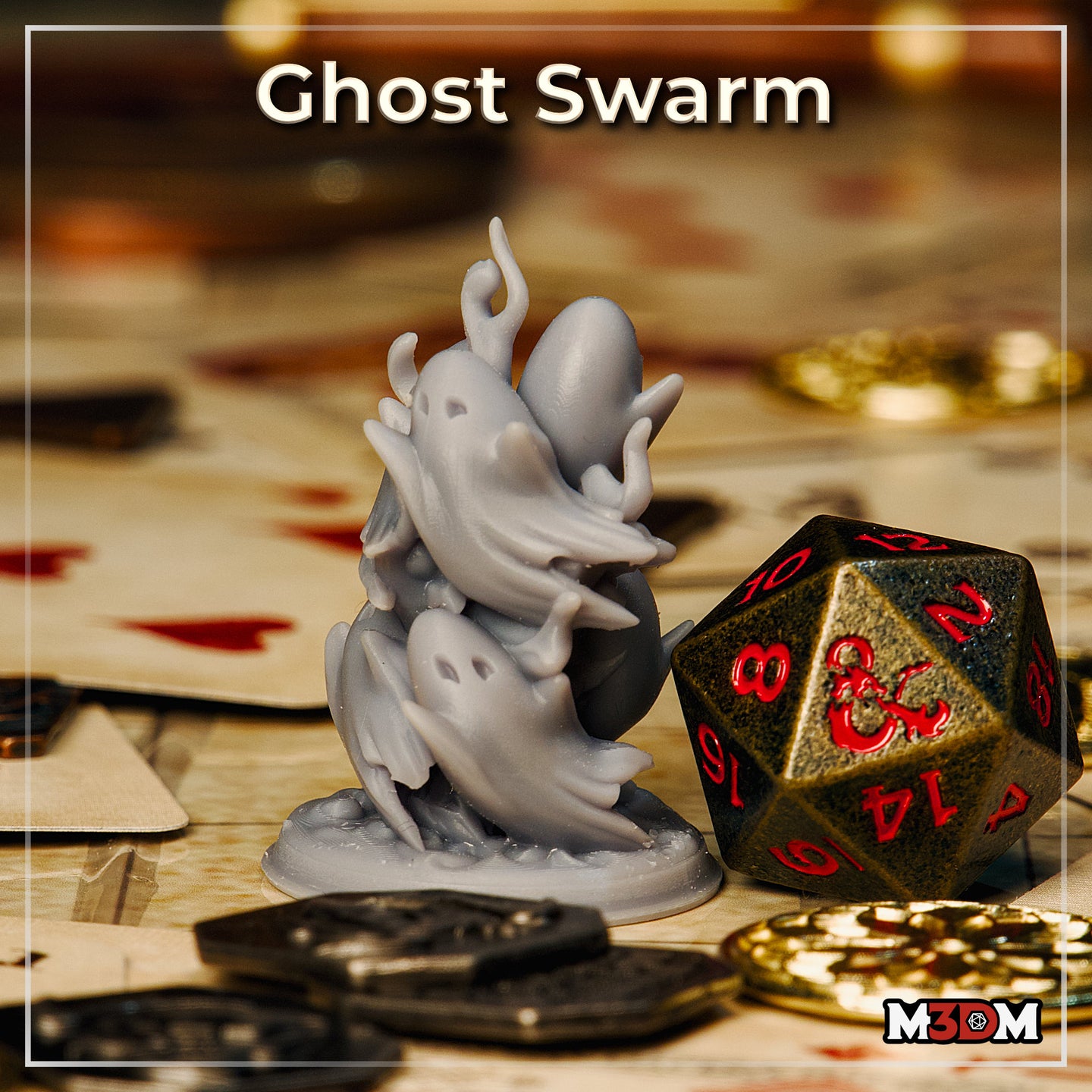 Unpainted grey resin Ghost Swarm miniature photographed on a tabletop surrounded by playing cards, gold coins, and a large metal D20, showing the swarm of tangled ghost figures at 32mm scale