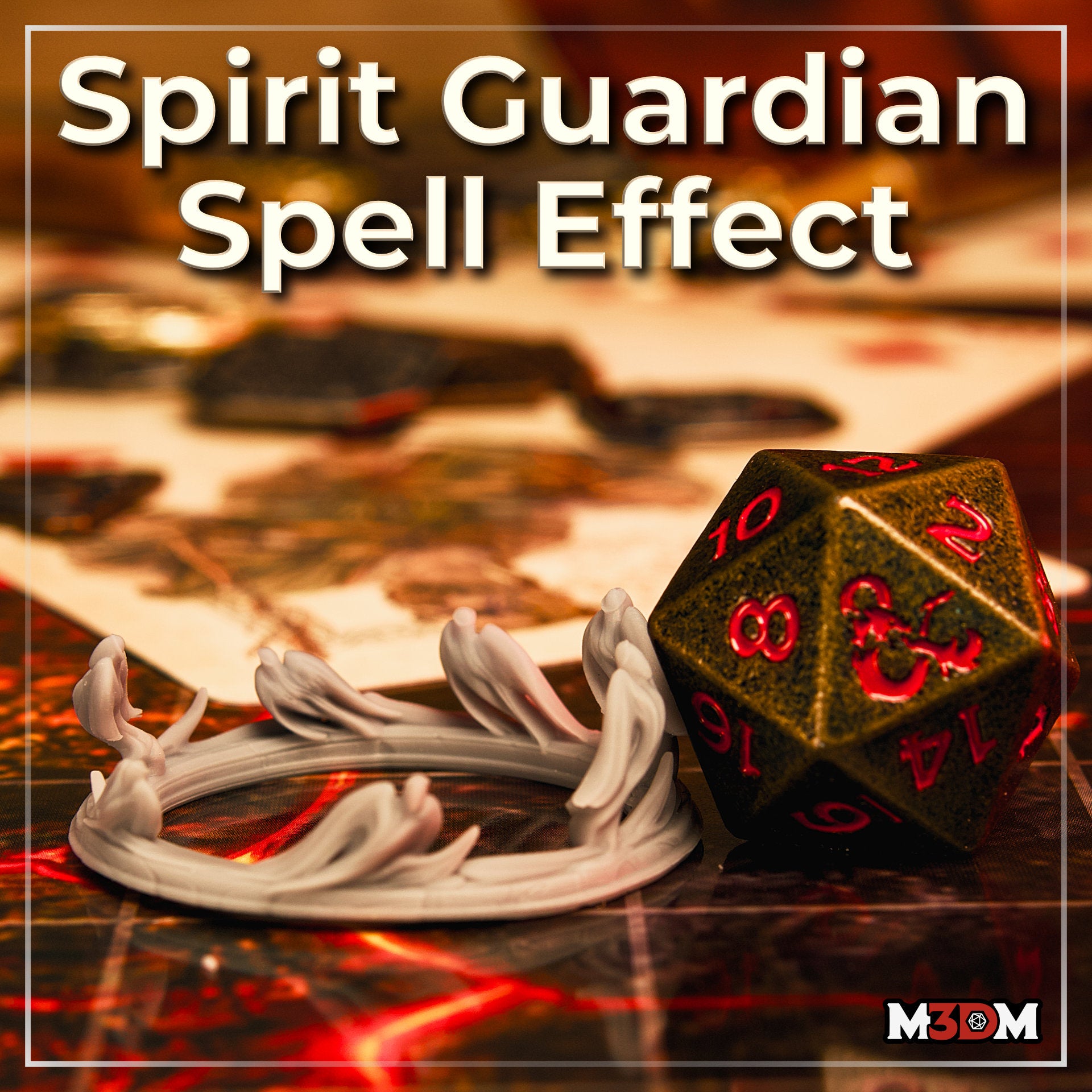 Photograph of a printed and unpainted Spirit Guardians spell effect miniature in white resin on a gaming table, showing the circular wraith ring base with spectral figures reaching upward, pictured beside a large d20 dice for scale