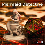 Unpainted grey resin Mermaid Detective miniature by M3DM on a tabletop RPG map, shown next to a large D&D branded d20 die for scale. The mermaid sits in a wheeled barrel with ship's-wheel-style spokes, wearing a deerstalker cap and holding a quill.