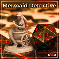 Unpainted grey resin Mermaid Detective miniature by M3DM on a tabletop RPG map, shown next to a large D&D branded d20 die for scale. The mermaid sits in a wheeled barrel with ship's-wheel-style spokes, wearing a deerstalker cap and holding a quill.