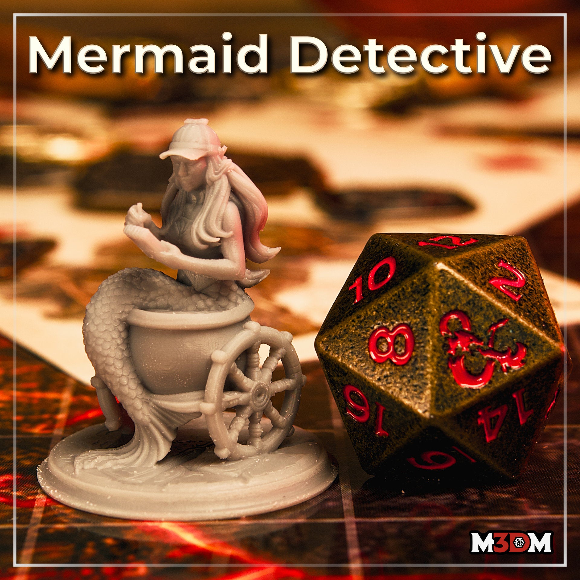 Unpainted grey resin Mermaid Detective miniature by M3DM on a tabletop RPG map, shown next to a large D&D branded d20 die for scale. The mermaid sits in a wheeled barrel with ship's-wheel-style spokes, wearing a deerstalker cap and holding a quill.