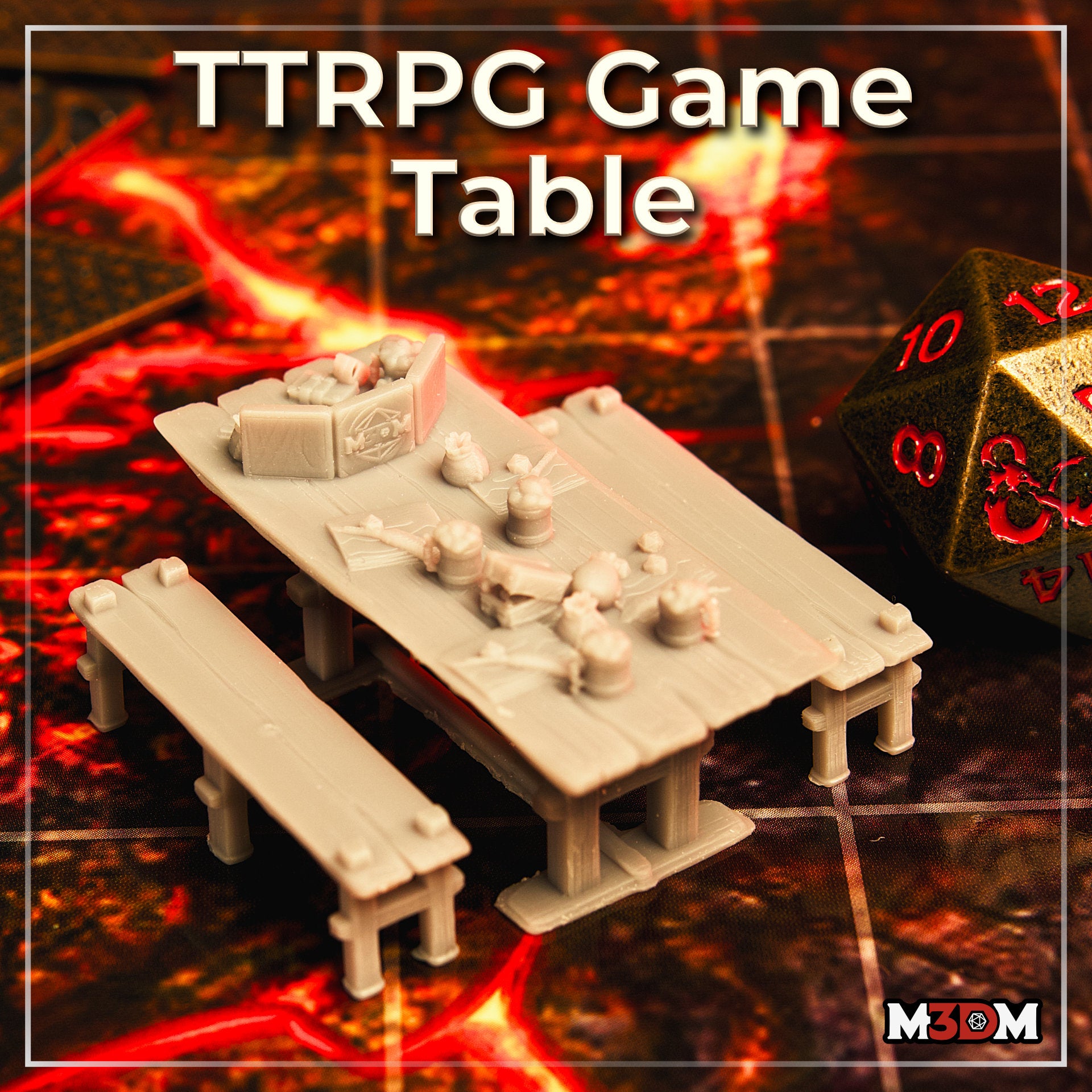 Photograph of a printed and unpainted 32mm TTRPG gaming table miniature terrain piece by M3DM, shown on a battle map with a large gold d20 for scale — wooden table with benches and scattered items including books, tankards, and pouches visible in bare resin