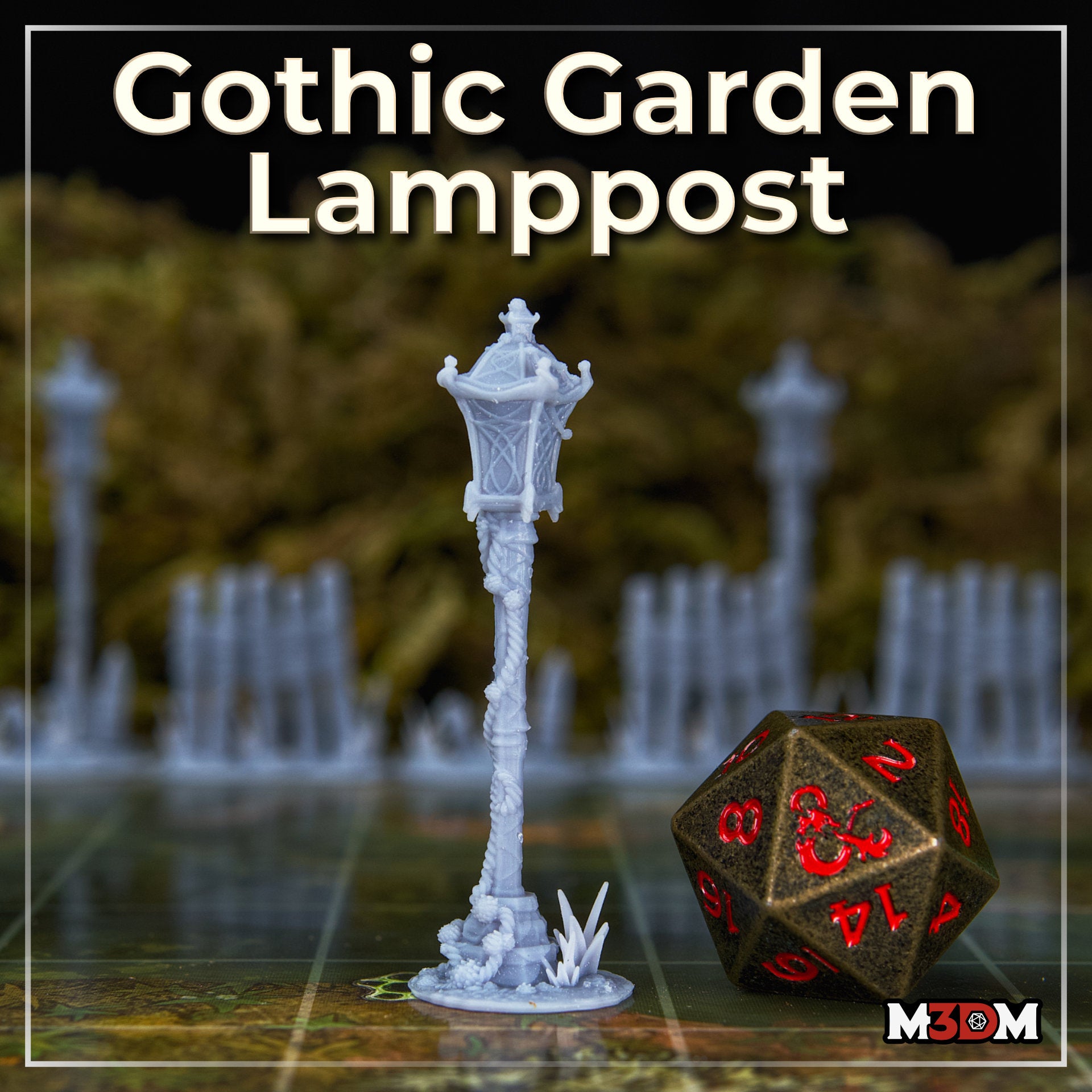 Photograph of the Gothic Garden Lamppost printed miniature in unpainted grey resin, shown on a tabletop gaming mat with multiple lamppost minis visible in the background soft-focus, with a large bronze D20 dice for scale reference