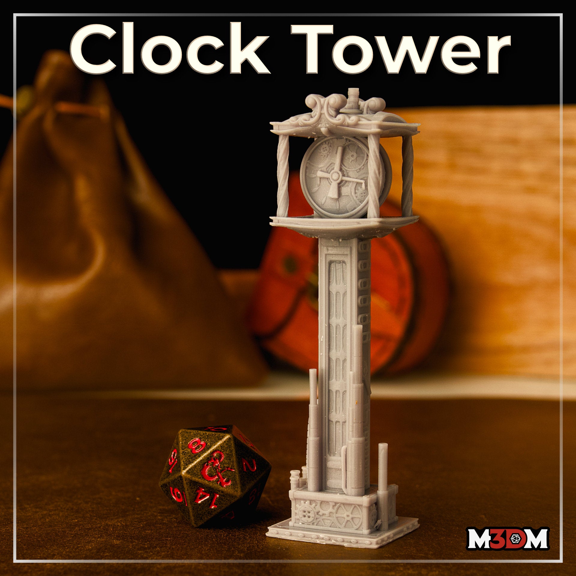 Steampunk clock tower scatter terrain by Mia Kay M3DM shown beside a D20 die for scale. Barley-twist columns support a scrollwork-crested canopy above an intricately panelled tower shaft with pipe details.