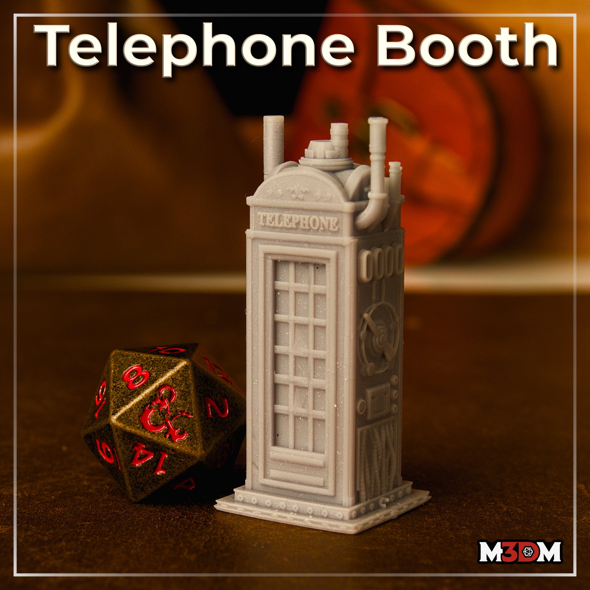 Steampunk telephone booth terrain piece with steam pipes on the roof, boiler machinery on the side panel, riveted base, and a classic panelled door. Sculpt by Mia Kay M3DM.
