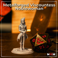 Metalforged Viscountess Noblewoman by Mia Kay M3DM — grey resin print shown beside a large d20, displaying the full figure with curled hair, corset plating, longcoat, and rose-adorned circular gear base.