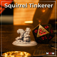 Squirrel Tinkerer resin miniature by Mia Kay M3DM: upright squirrel in a tall top hat with brass goggles, clutching a large pocket watch on a chain, seated on a scenic base with an open coin chest and steampunk cog elements.