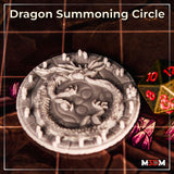 Dragon Summoning Circle by Mia Kay M3DM — close overhead view of the circular disc piece showing a coiling dragon with detailed scales, horns, and claws carved in high relief, framed by a decorated stonework ring with repeating symbol motifs.