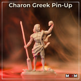 Rear view of the same bare-chested male figure with long loose hair, one arm raised holding a skull, clutching a tall ornate pole, cloth draped across his back, bone-scattered base visible beneath his feet. Sculpt by Mia Kay M3DM.