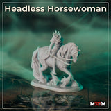 Headless horsewoman miniature on a game tile, armoured rider on horseback with bone-adorned bridle and flowing tail, photographed against a misty teal background. Sculpt by Mia Kay M3DM.