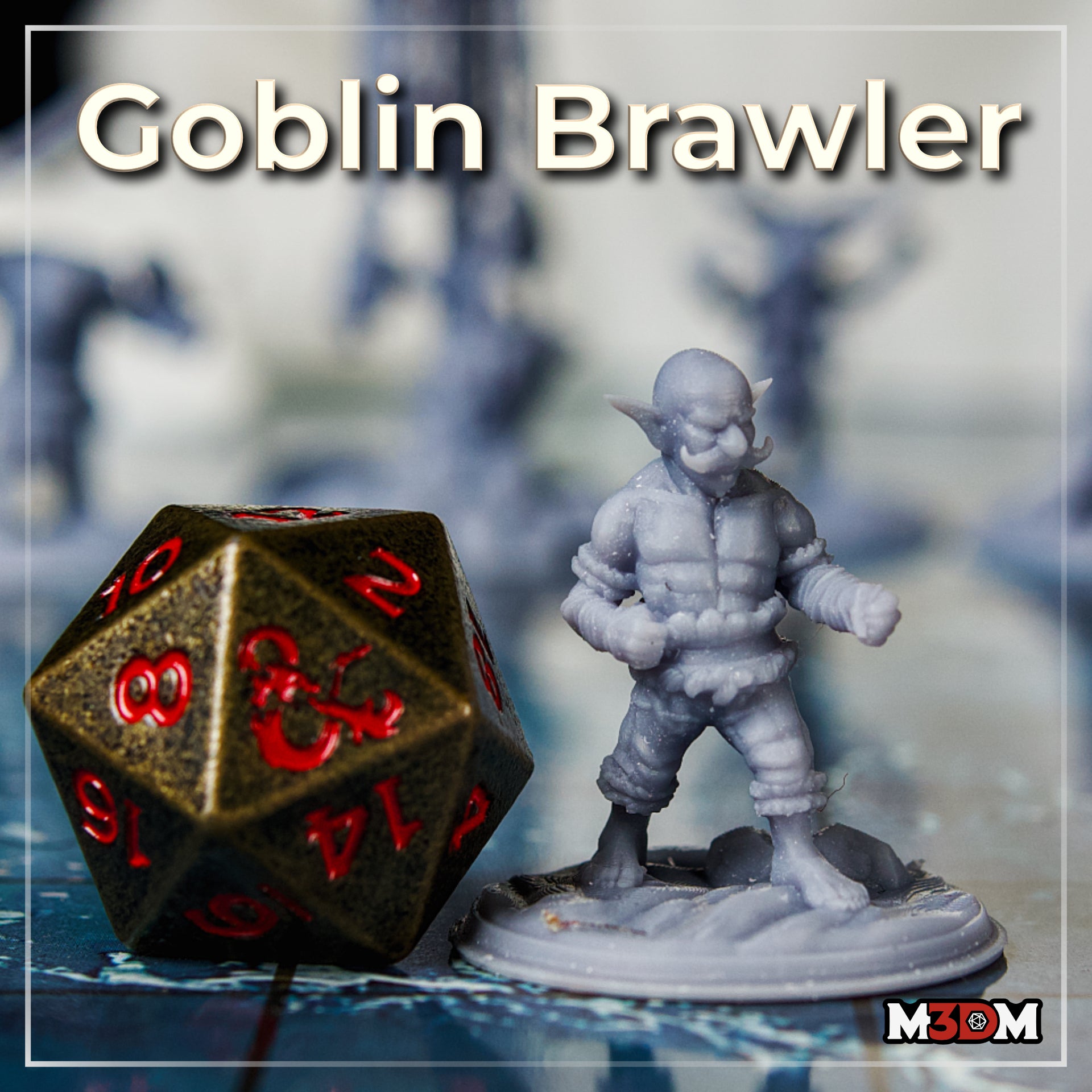 Stocky goblin brawler with raised fists and frilled wrist wraps, shown at tabletop scale beside a large d20 die, standing on a plain round base. Sculpt by Mia Kay M3DM.