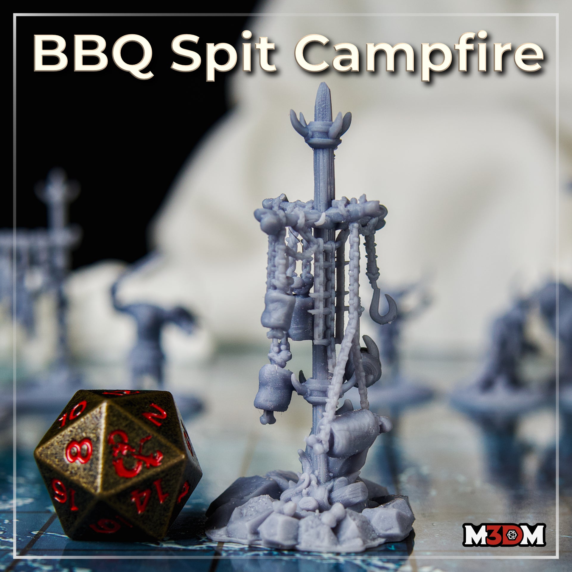 Single BBQ spit campfire terrain piece by Mia Kay M3DM in grey resin, showing chains, meat hooks, small pouches, and bones hanging from a crude crossbar post on a jagged rock base.
