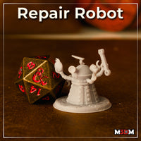 Bell-shaped construct with four articulated arms holding a spanner, mallet, hook, and gear pocket watch on a chain; domed head with single lens aperture; riveted bolt-studded body. Sculpt by Mia Kay M3DM.
