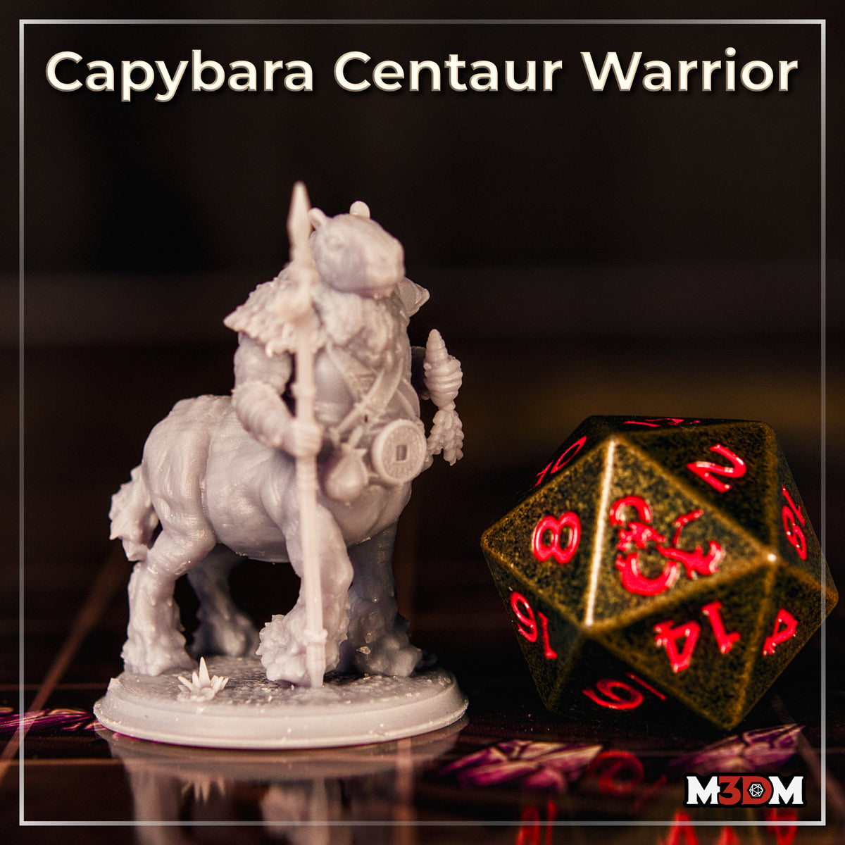 Capybara centaur warrior shown from behind and to the side, revealing thick fur across the haunches and lower body, rope harness crossing the back, bundled talisman charms visible at the shoulder, clawed feet on a scenic base with low plants. Sculpt by Mia Kay M3DM.