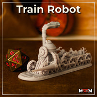 Resin render of the Train Robot by Mia Kay M3DM — a wide, low locomotive construct on iron wheels with a tall curved exhaust pipe, boiler body, gear-wheel flank, and forward-mounted spike.