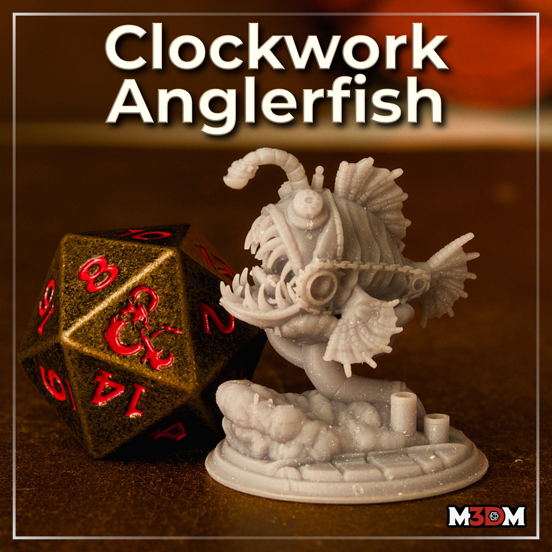 Close-up render of the Clockwork Anglerfish by Mia Kay M3DM — the bulbous mechanical head dominates, showing a circular goggle-like eye housing, coiling hose details across the body, layered ridged scales, and a wide gaping mouth with protruding teeth. The base features a ribbed industrial platform surface with rocky overflow details beneath the creature.