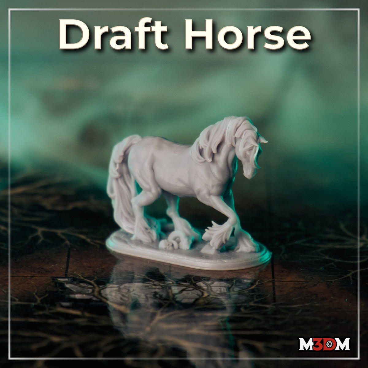 Draft horse miniature with powerful arched neck and dense feathered legs, standing on an oval scenic base with a ram skull detail at the feet, mane cascading heavily across the neck. Sculpt by Mia Kay M3DM.