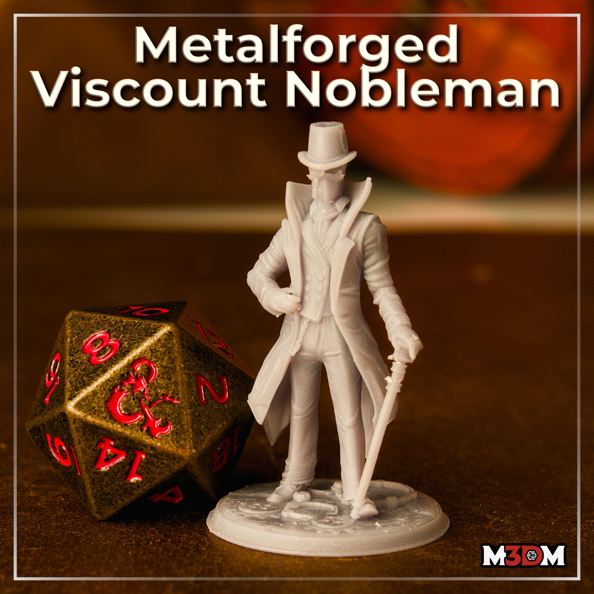 Metalforged Viscount Nobleman by Mia Kay M3DM — rear view showing the draped greatcoat with deep fabric folds, the tall top hat, cane held at the side, and a sculpted mechanical gear base with exposed cog details beneath the figure's feet.