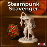 Steampunk Scavenger miniature by Mia Kay M3DM — stocky figure striding with a staff, wearing a wide-brimmed riveted hat-shade, back-mounted rig hung with cogs, gauges, rope and a curved pipe overhead. Sculpted gear base.