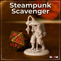 Steampunk Scavenger miniature by Mia Kay M3DM — stocky figure striding with a staff, wearing a wide-brimmed riveted hat-shade, back-mounted rig hung with cogs, gauges, rope and a curved pipe overhead. Sculpted gear base.