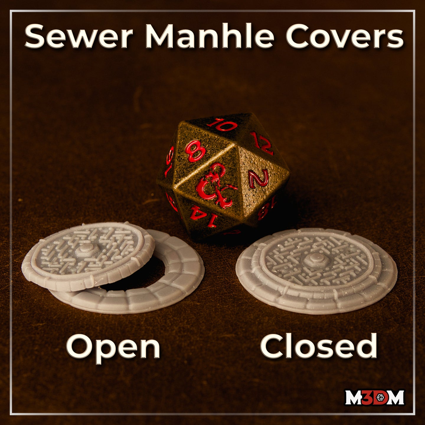 Unpainted resin sewer manhole cover scatter piece, shown in two states: lid displaced to reveal open hole, and lid seated flat. Bold geometric relief channels cover the disc surface, with a crenellated cobblestone outer ring. Sculpt by Mia Kay M3DM.