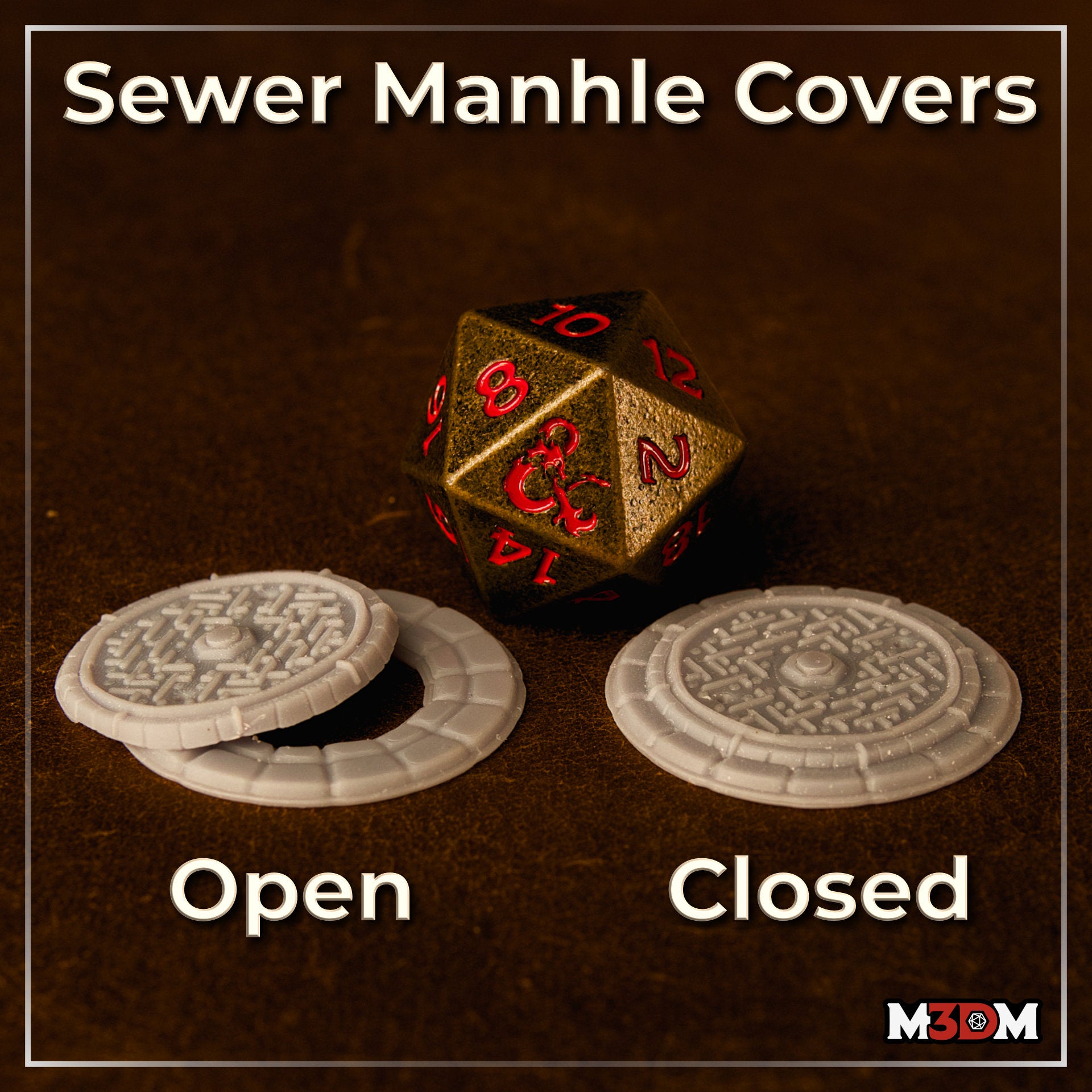 Unpainted resin sewer manhole cover scatter piece, shown in two states: lid displaced to reveal open hole, and lid seated flat. Bold geometric relief channels cover the disc surface, with a crenellated cobblestone outer ring. Sculpt by Mia Kay M3DM.
