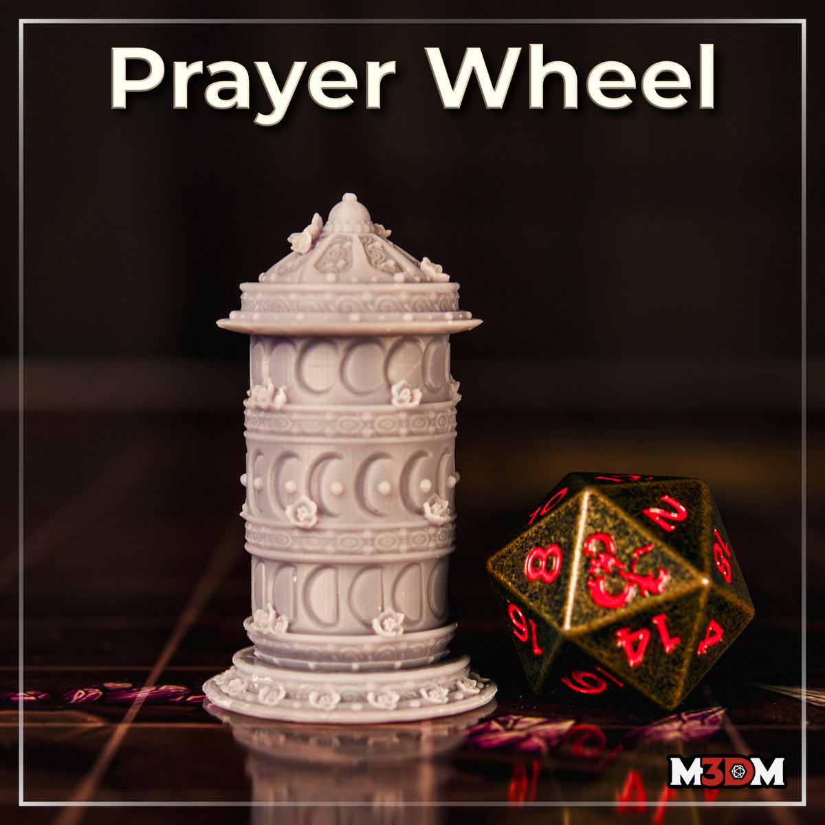 Cylindrical prayer wheel terrain piece with three carved tiers, crescent moon panels, cherry blossom clusters at each band junction, ornate frieze borders, wide floral base, and a domed engraved cap with finial. Sculpt by Mia Kay M3DM.