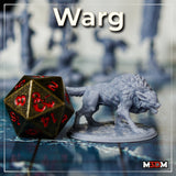 Warg miniature by Mia Kay M3DM — large wolf-like beast in a low stalking pose, head dropped forward, jaws open. Scaled taloned legs, tufted ridged fur along spine, rubble scenic base.