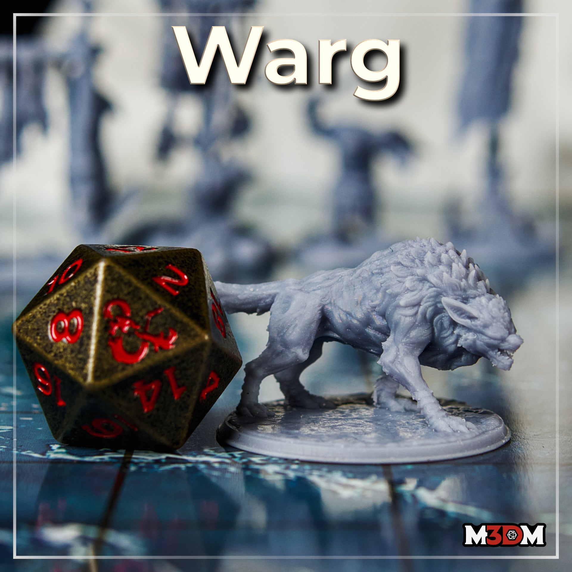 Warg miniature by Mia Kay M3DM — large wolf-like beast in a low stalking pose, head dropped forward, jaws open. Scaled taloned legs, tufted ridged fur along spine, rubble scenic base.