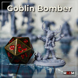Goblin Bomber miniature by Mia Kay M3DM shown at gaming table scale next to a d20 — goblin in fur-trimmed robes with large curved horns on a skull mask, holding bombs aloft, on a detailed snow base with clustered flasks.