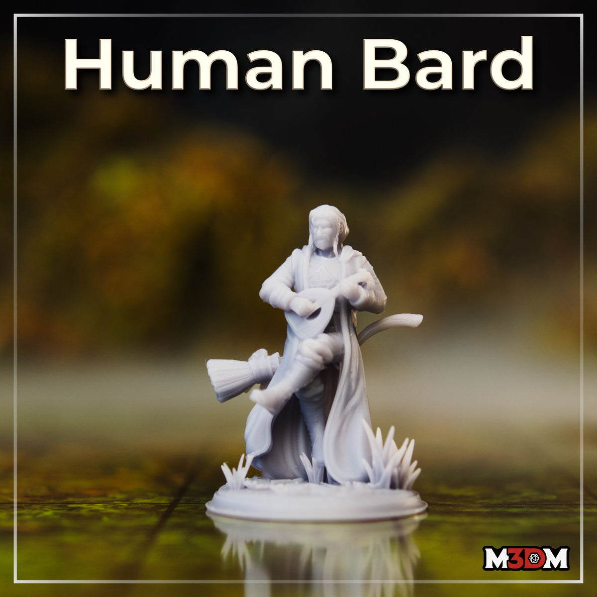 Male human bard seen from behind, strumming a lute, long cloak draping to the ground, turban-wrapped hair, broom bundle tucked at his side on a grassy scenic base. Sculpt by Mia Kay M3DM.