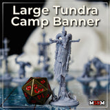 Two angles of a headless banner pole variant — crossbeam hung with cracked leather hides, tattered edges, rope lashing at the pole joints, base scattered with bone fragments and antler shards in churned ground. Sculpt by Mia Kay M3DM.