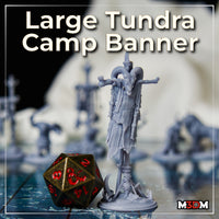 Two angles of a headless banner pole variant — crossbeam hung with cracked leather hides, tattered edges, rope lashing at the pole joints, base scattered with bone fragments and antler shards in churned ground. Sculpt by Mia Kay M3DM.