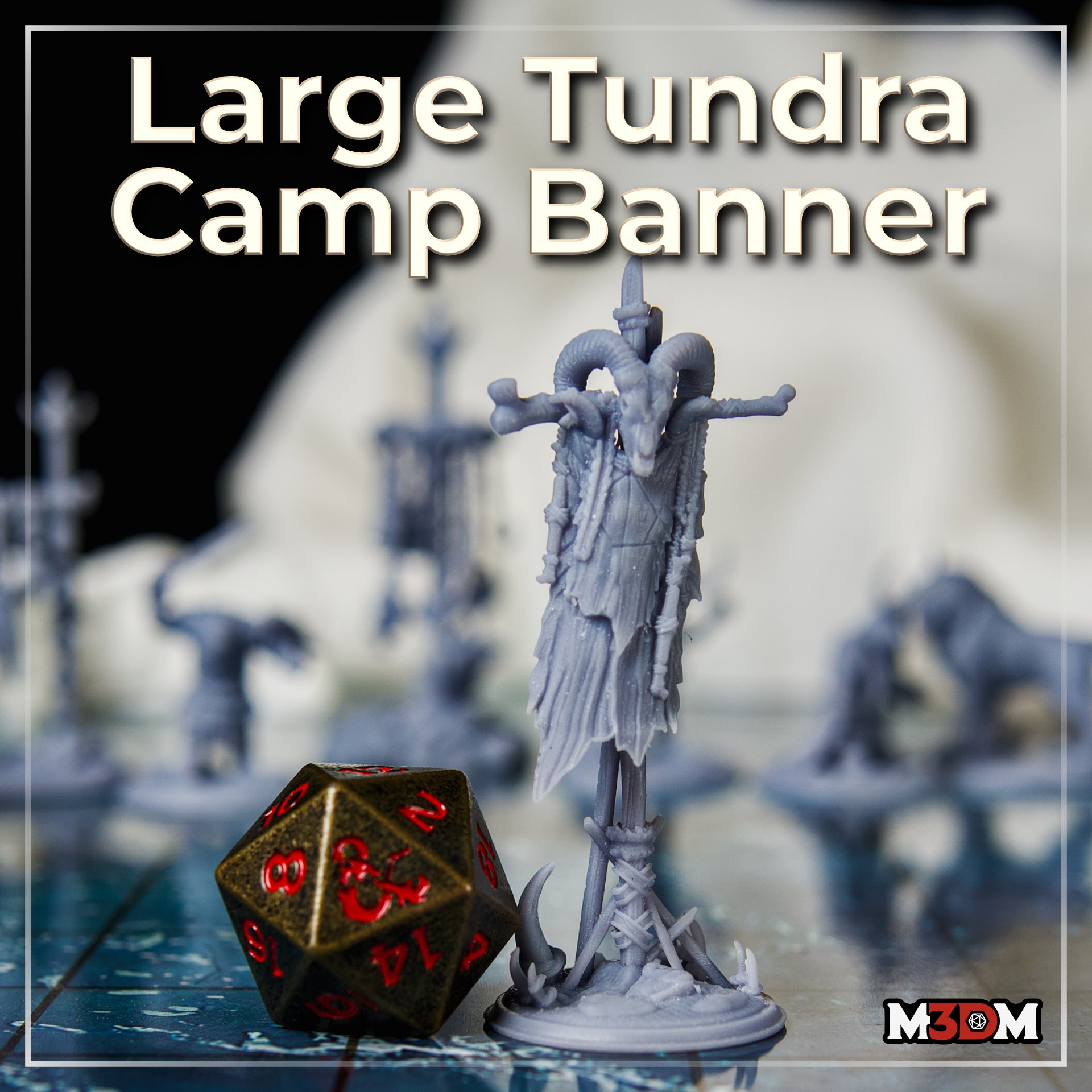 Two angles of a headless banner pole variant — crossbeam hung with cracked leather hides, tattered edges, rope lashing at the pole joints, base scattered with bone fragments and antler shards in churned ground. Sculpt by Mia Kay M3DM.