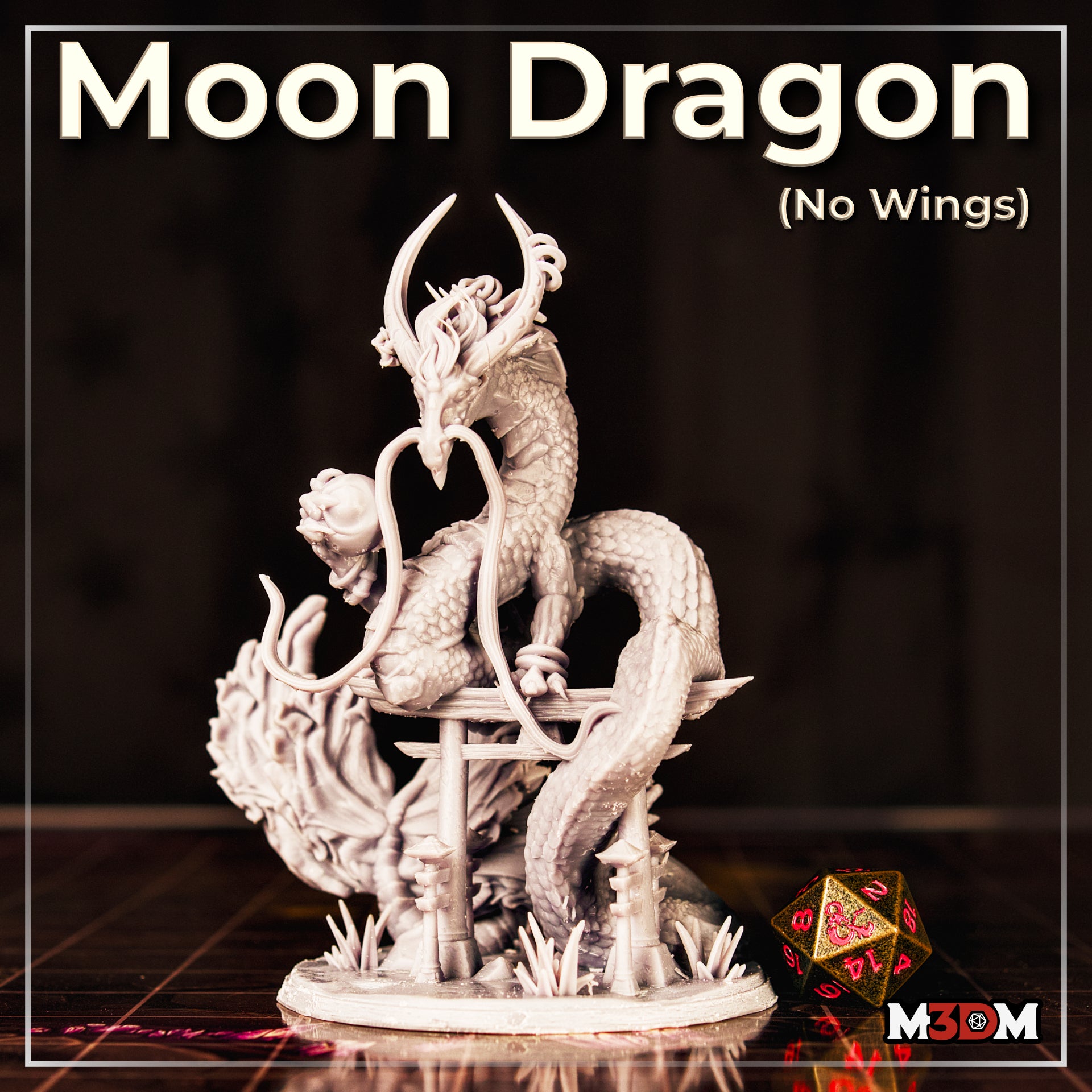 Close profile of the Moon Dragon by Mia Kay M3DM showing the sinuous scaled body wrapped around a scenic torii base with foliage and rocky ground, recurved horns and expressive dragon face clearly visible.