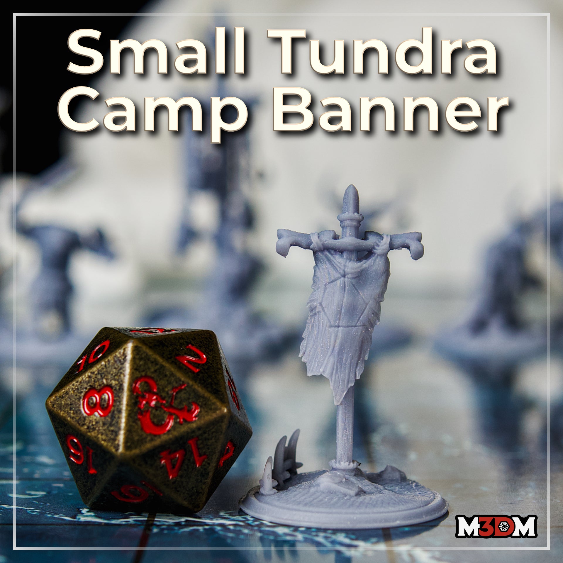 Painted grey prototype of the full ram-skull tundra banner standing next to a large bronze D20 die, showing scale; horned skull at top, bones at crossbeam ends, antler base visible. Sculpt by Mia Kay M3DM.