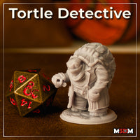 Tortle detective miniature leaning forward with one hand raised mid-gesture, wearing a layered trench coat and belt pouches, large domed shell rising behind him. Sculpt by Mia Kay M3DM.