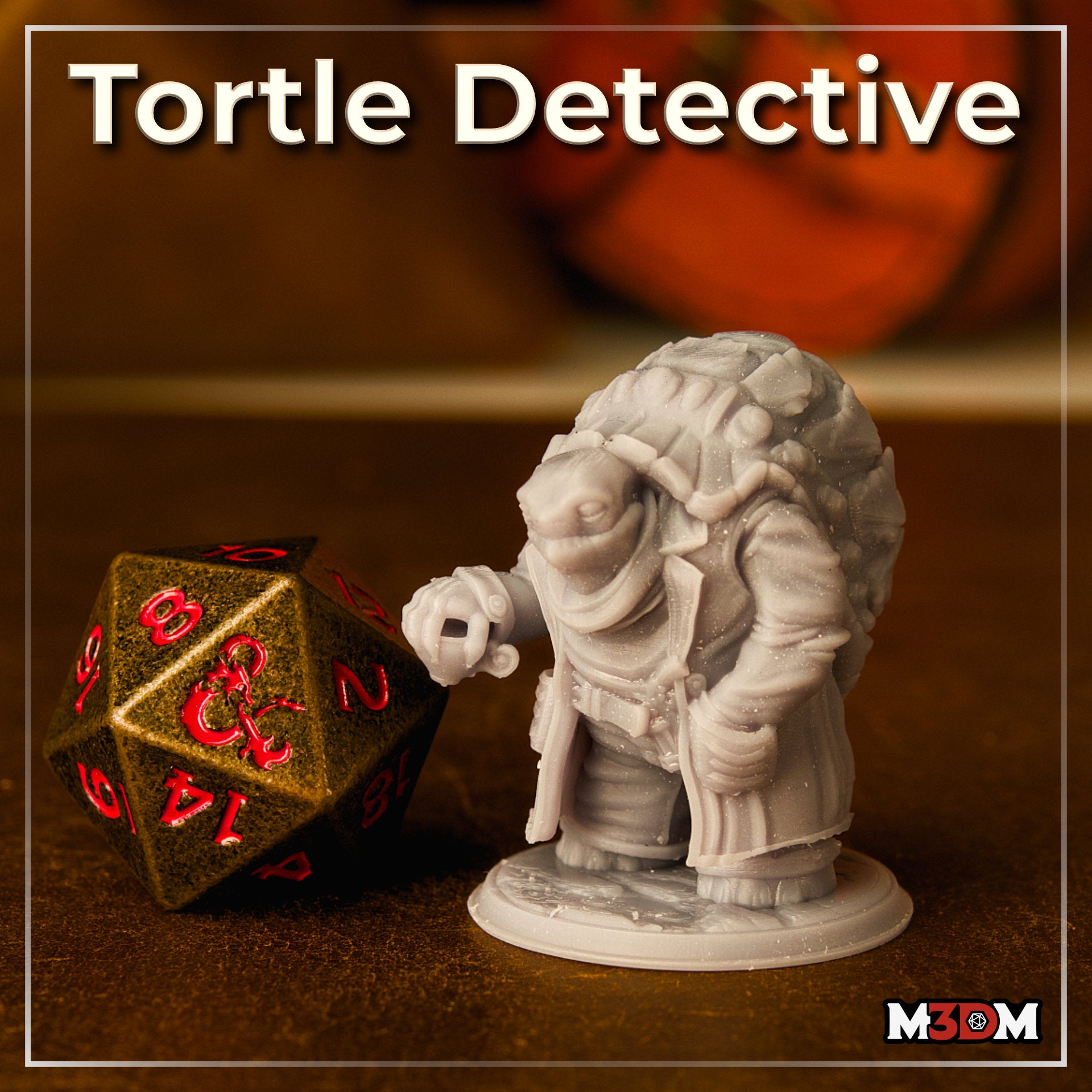 Tortle detective miniature leaning forward with one hand raised mid-gesture, wearing a layered trench coat and belt pouches, large domed shell rising behind him. Sculpt by Mia Kay M3DM.