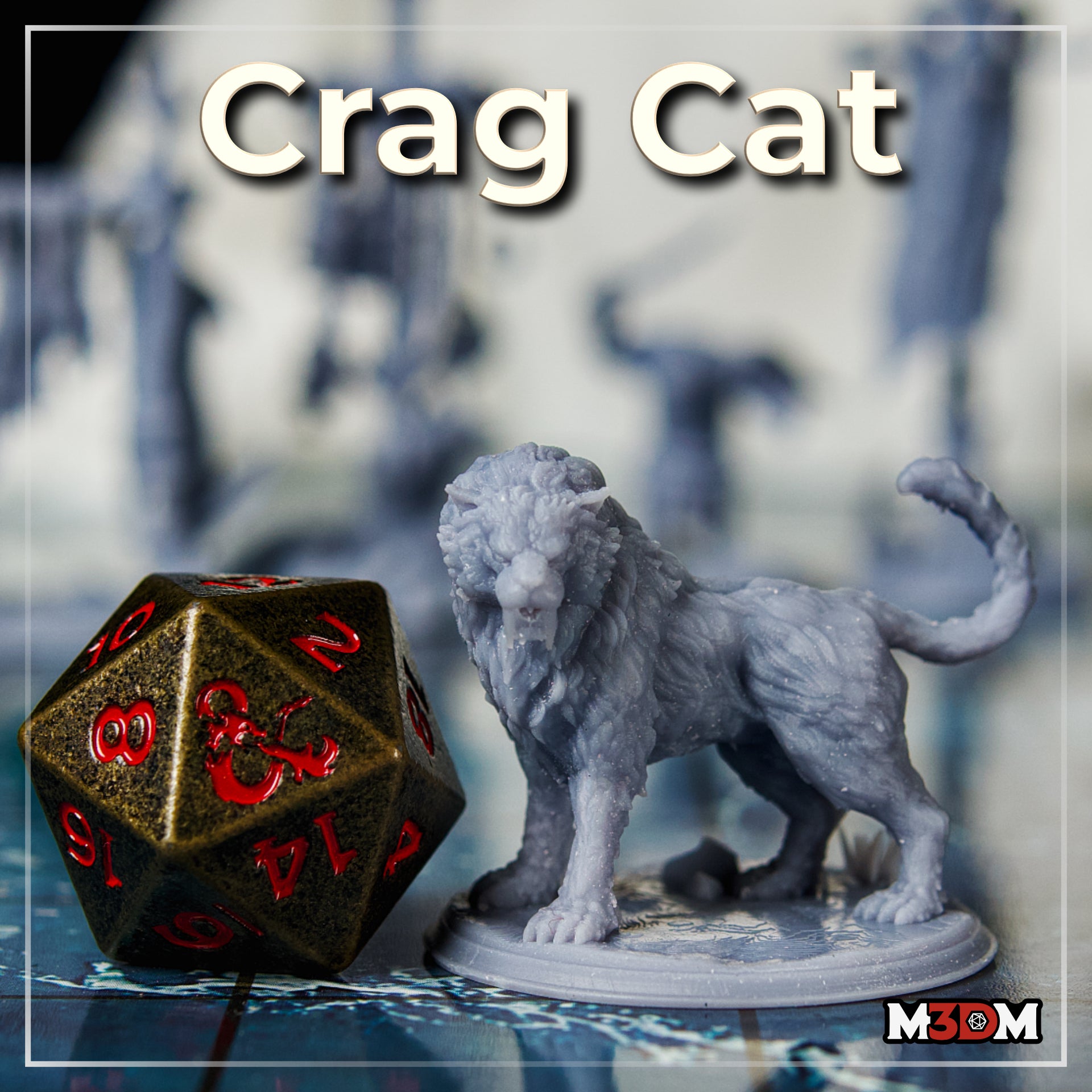 Painted grey crag cat miniature by Mia Kay M3DM beside a large metal D20 die, showing the beast's ferocious snarling head, shaggy mane, and muscular body at tabletop gaming scale.