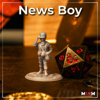 Rear view of the same young male miniature showing a satchel strap across his back, layered clothing with a neck scarf, and laced boots on a cobblestone base. Sculpt by Mia Kay M3DM.