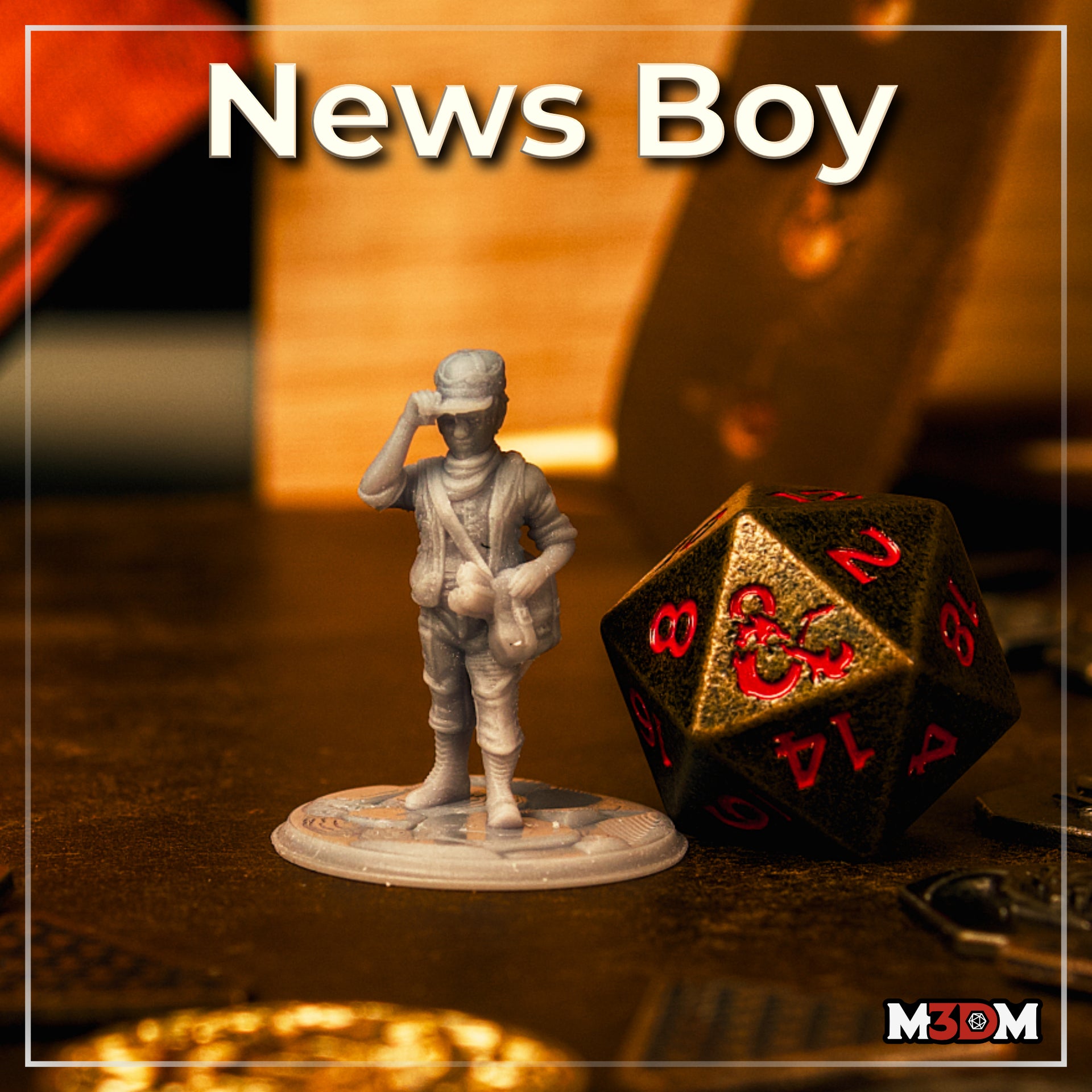 Rear view of the same young male miniature showing a satchel strap across his back, layered clothing with a neck scarf, and laced boots on a cobblestone base. Sculpt by Mia Kay M3DM.
