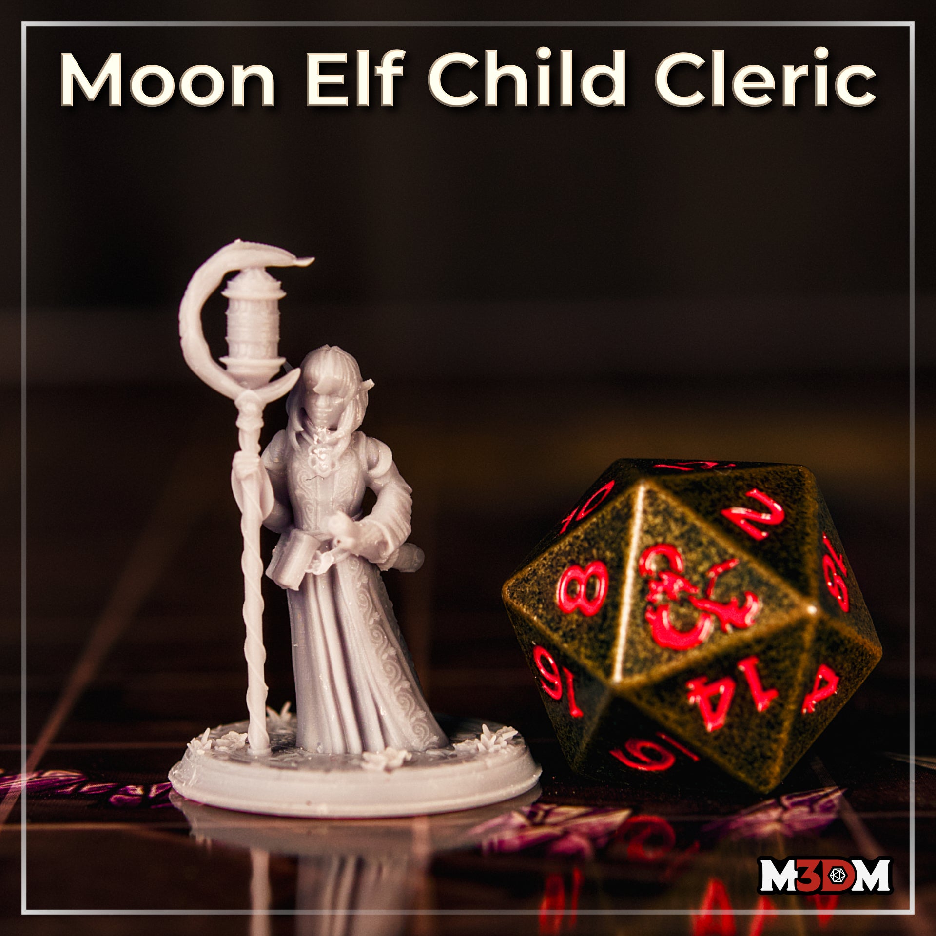 Moon elf child cleric seen from behind, robed figure gripping a crescent-topped lantern staff, hood draped over shoulders, embroidered sash visible at the waist, standing on a round base scattered with small crystal fragments and flower buds. Sculpt by Mia Kay M3DM.