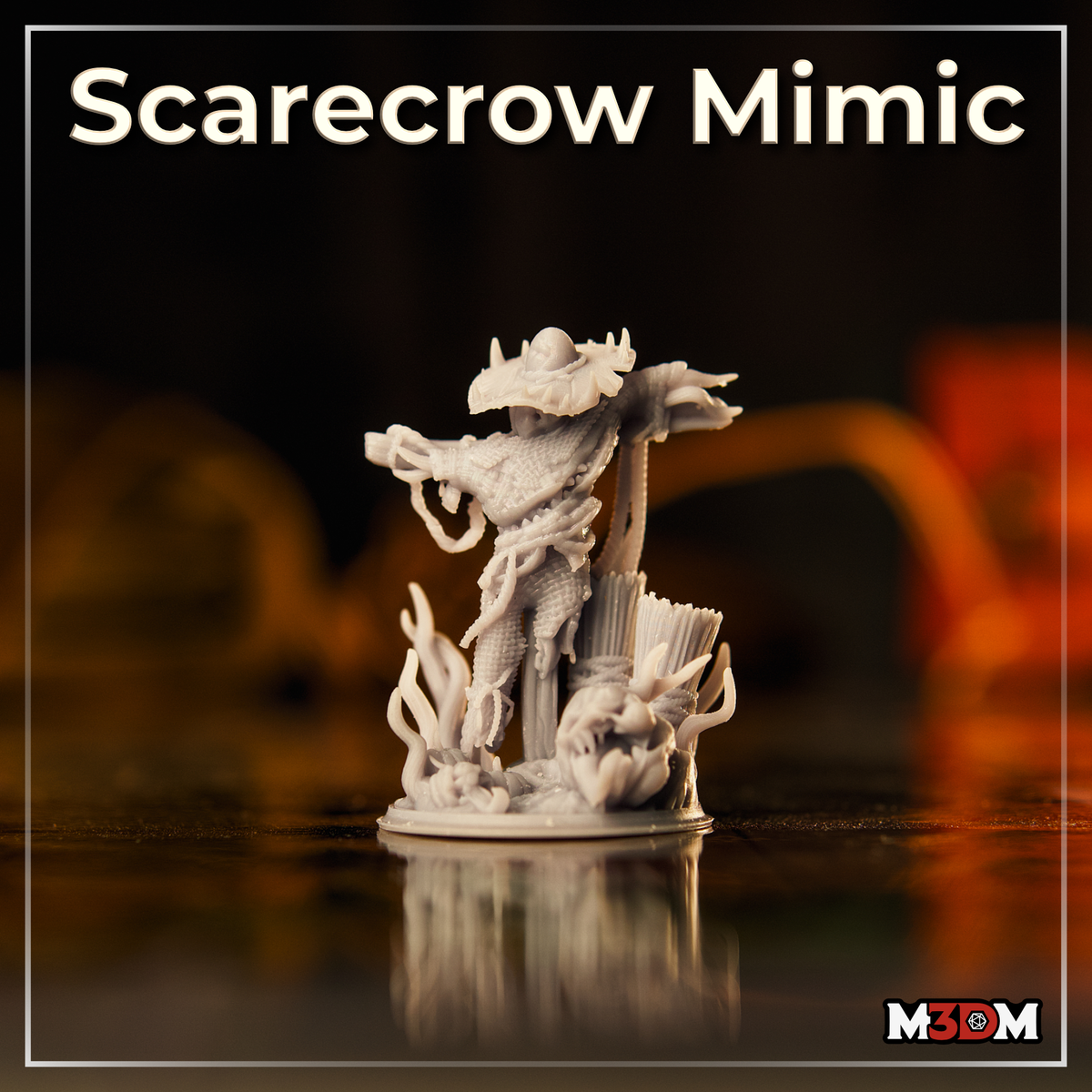 Scarecrow Mimic miniature by Mia Kay M3DM — wicker-textured creature with spiked hat, outstretched arms, jagged teeth, and a screaming face emerging from the base.